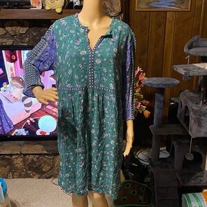 J. Jill Green Blue Boho Flowy Dress XLP petite Spring Floral